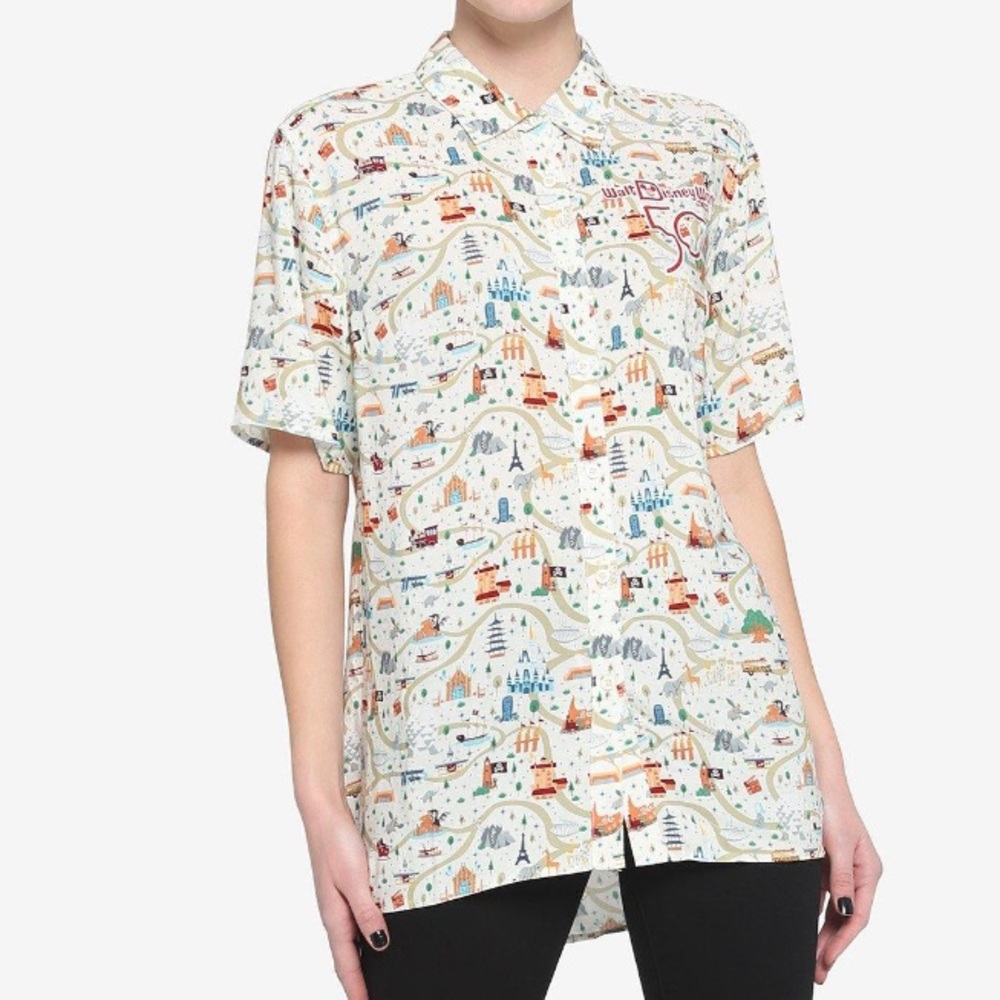 Her Universe Walt Disney World 50th Anniversary Attractions Map Woven Button Up